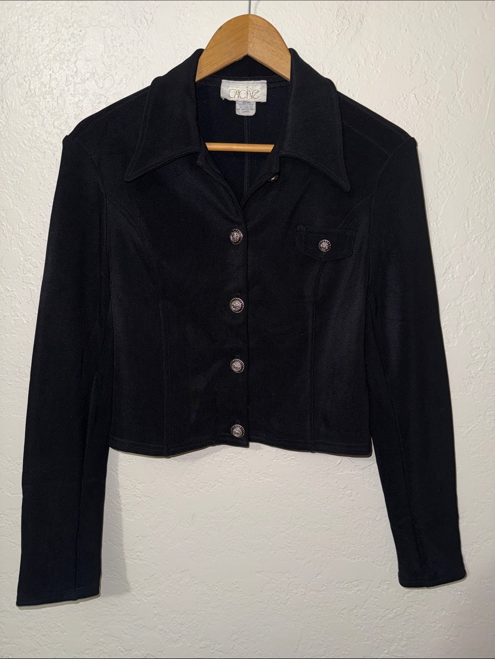 VINTAGE 90s CACHÉ BY MASSCONI Black Cropped Jacket Ottoman Rib Lion Buttons L